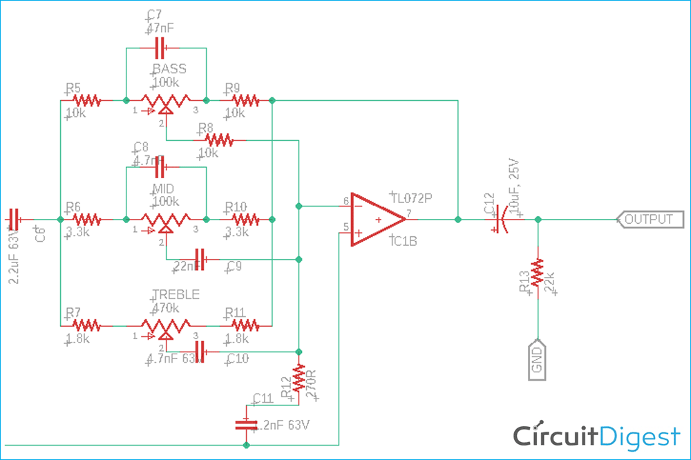 Audio Equalizer Tone Control Circuit With Bass Treble And Mid Frequency Control Using Op Amp