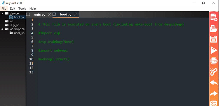 File main py line 7. MICROPYTHON ide. UPYCRAFT. Ide for MICROPYTHON. Electron ide.