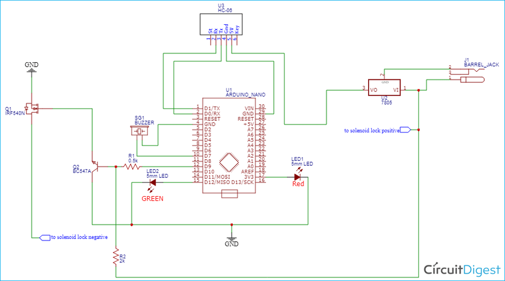 Arduino based Biometric Solenoid Door Lock Circuit Diagram
