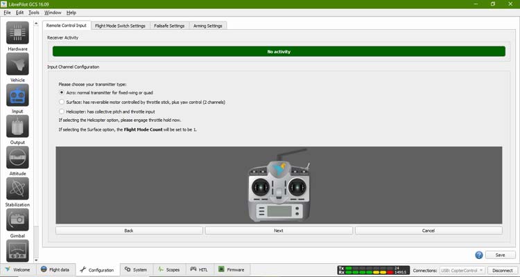 Acro Normal Transmitter on LibrePilot GCS