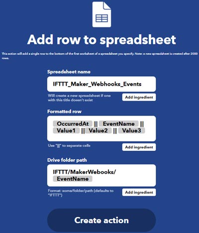 Webhooks Google Sheet Create Action