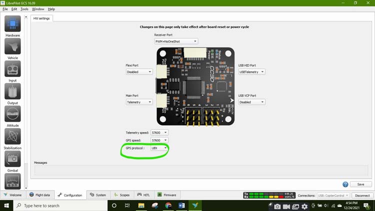 upload settings to the CC3D board