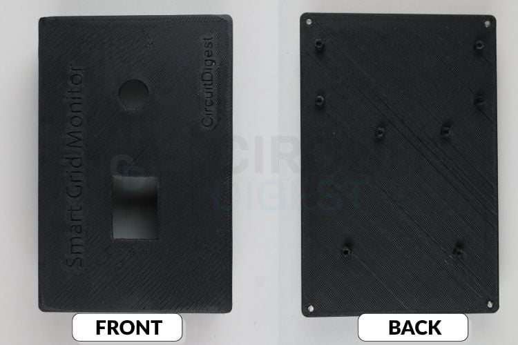 Custom 3D printed enclosure for the smart grid IoT project housing Arduino UNO R4 WiFi and PZEM-004T with cutouts for OLED display and push button