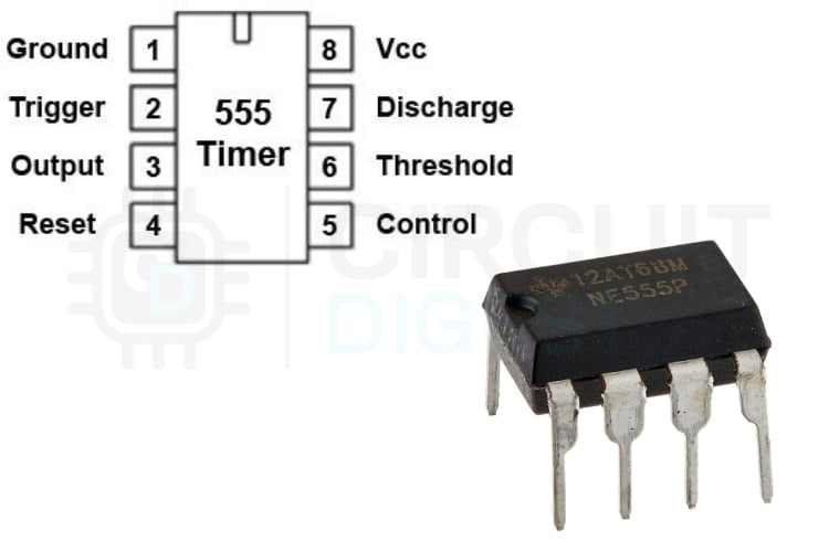 555 Timer IC Pin Diagram showing all 8 pins for LED chaser circuit
