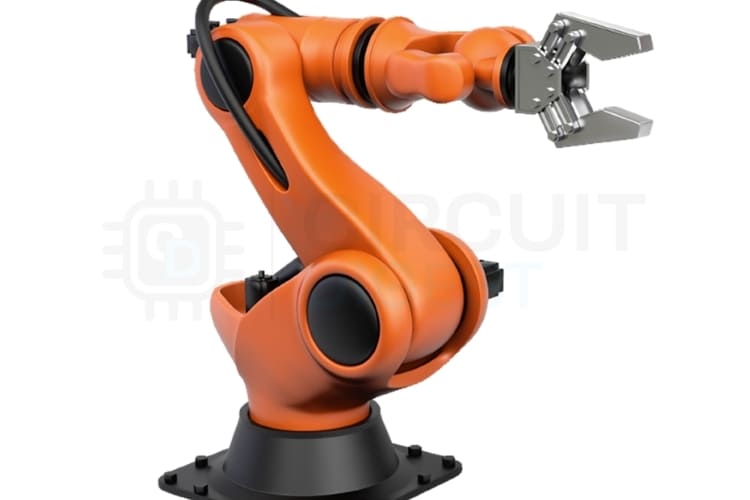 Multi-joint industrial robotic arm showing 6-axis articulated design with gripper end-effector