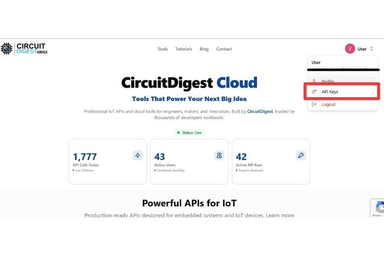 Circuit Digest Cloud API Key Login Page
