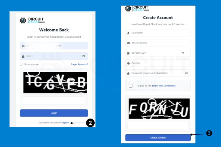 Circuit Digest Cloud registration form for creating new account to access GeoLinker GPS tracker APIs
