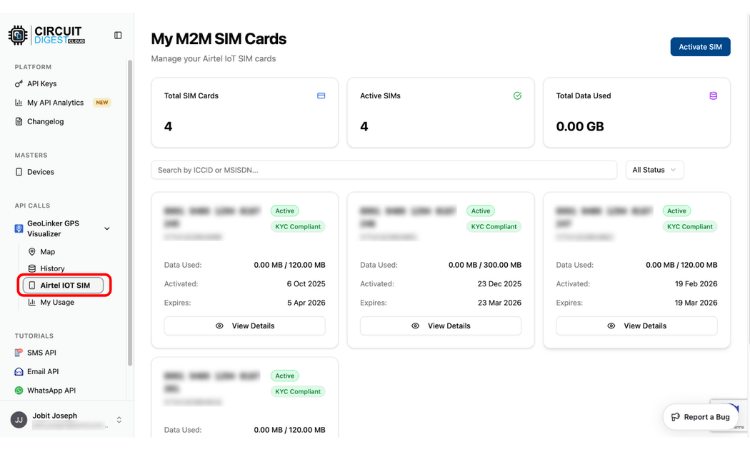 Dashboard Showing Total SIM Count, Active SIMs and Data Usage