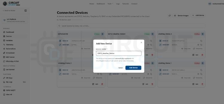 Adding a new ESP32 device on CircuitDigest Cloud dashboard for IoT indoor weather monitoring
