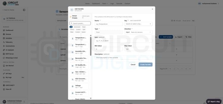 Adding temperature, humidity, pressure and light variables on CircuitDigest Cloud for IoT weather monitoring system