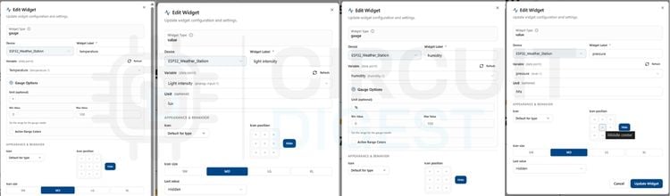 Adding gauge and value display widgets on CircuitDigest Cloud dashboard for live IoT weather station monitoring