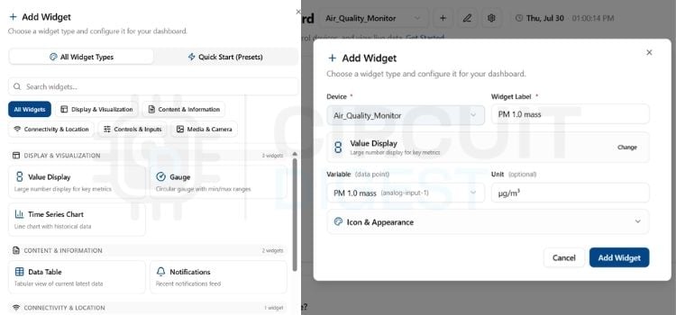 Adding a value display widget to CircuitDigest Cloud dashboard
