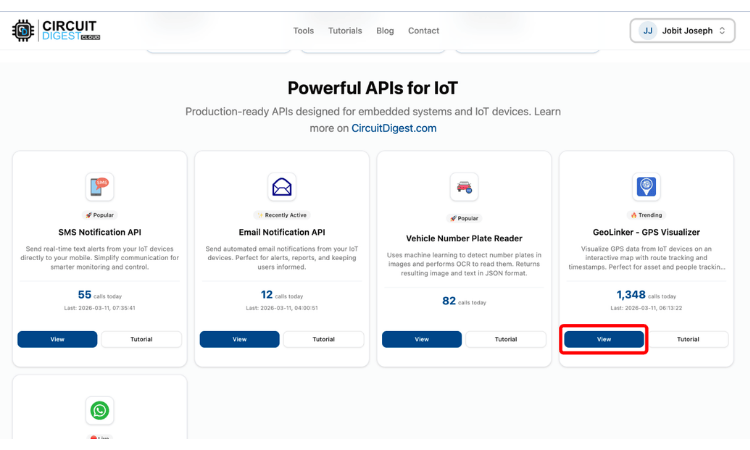 CircuitDigest Website Dashboard Showing IoT API