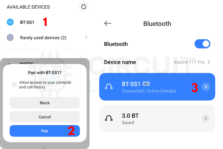 Bluetooth pairing process for amplitude modulation circuit testing with smartphone