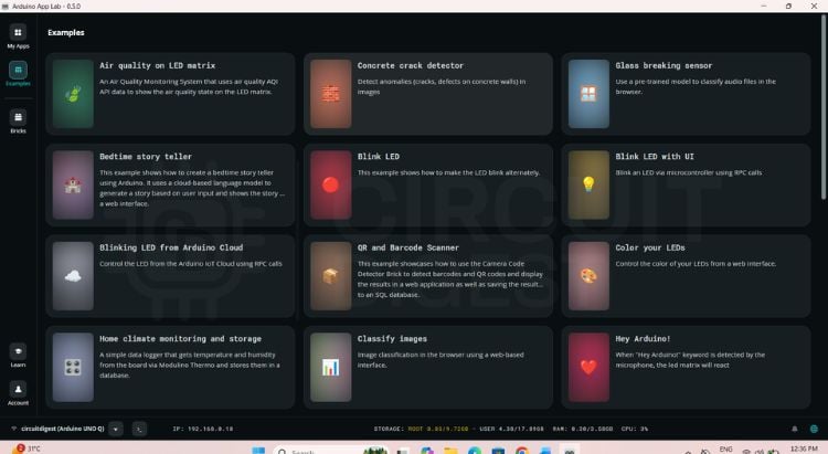 Arduino App Lab examples library showing available brick-based project templates for UNO Q