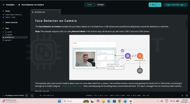 Face Detector brick example open in Arduino App Lab showing two connected bricks for camera and detection