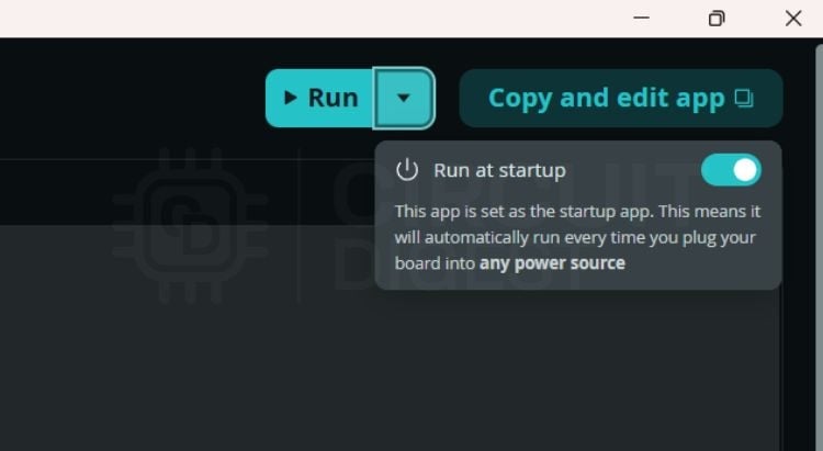 Arduino App Lab run options dropdown showing 'Run at startup' toggle for auto-booting programs on UNO Q
