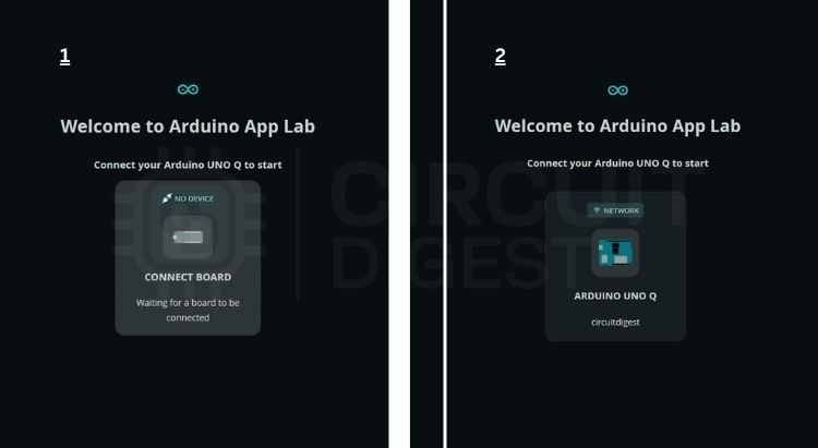 Arduino App Lab welcome screen showing 'Board not connected' status before UNO Q is plugged in