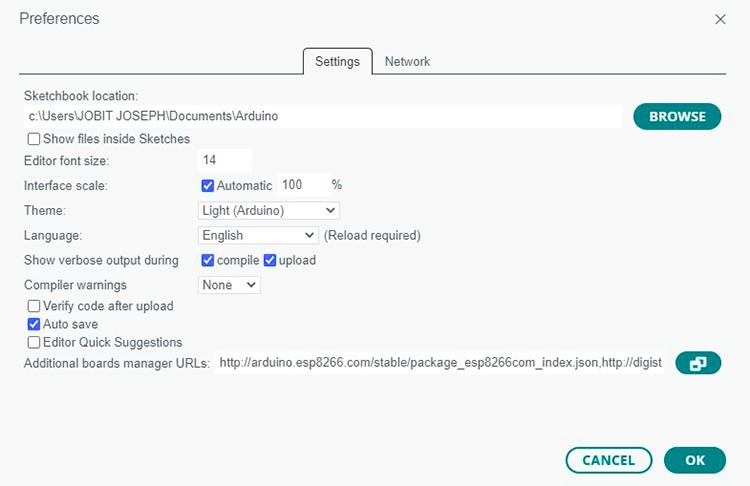 Arduino IDE preferences menu 