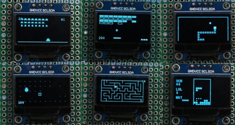 Gameplay snapshots of Arduino retro game console showing Snake, Tetris, Pacman, and Space Invaders on a 128x64 OLED display