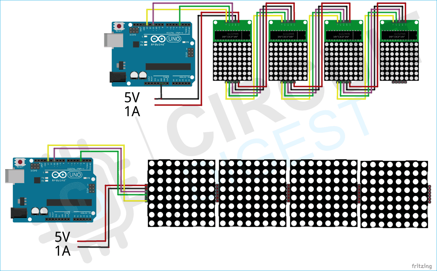 Arduino and MAX7219 LED Dot Matrix Display Module Connection Diagram