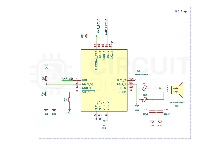 MAX98357A audio amplifier circuit schematic showing speaker connection for ESP32 voice assistant