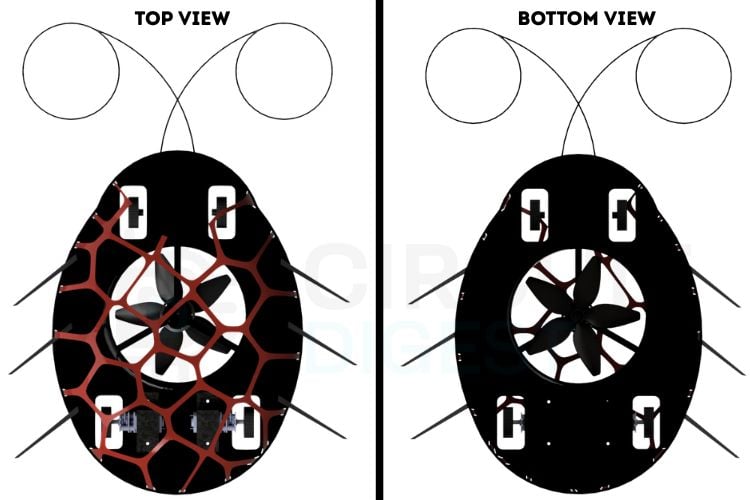Top and bottom 3D CAD design views of the beetle-shaped wall climbing robot chassis