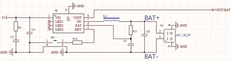IP5306 battery charger and boost converter circuit in ESP32-2424S012C with RC filter and SW pin