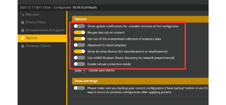 Betaflight Options Tab Configuration