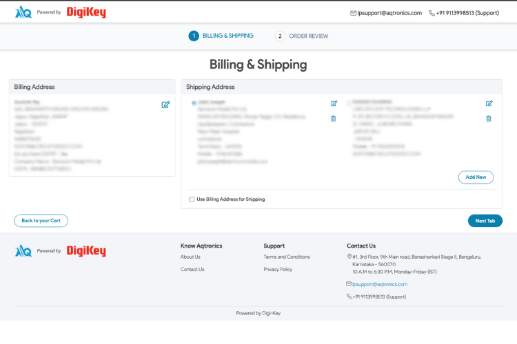 Billing and Shipping page of AqTronics