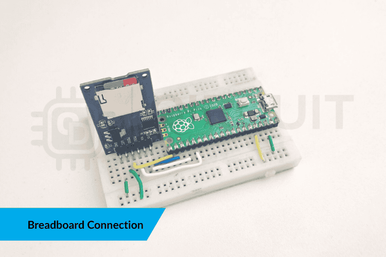 Breadboard wiring photo showing SD card module connected to Raspberry Pi Pico