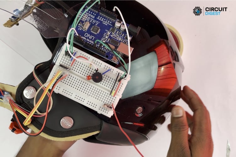 Breadboard with Arduino attached to the Helmet