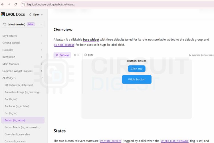 LVGL documentation code snippet for button widget showing lv_example_button_1 function ready to copy for Arduino ESP32 sketch