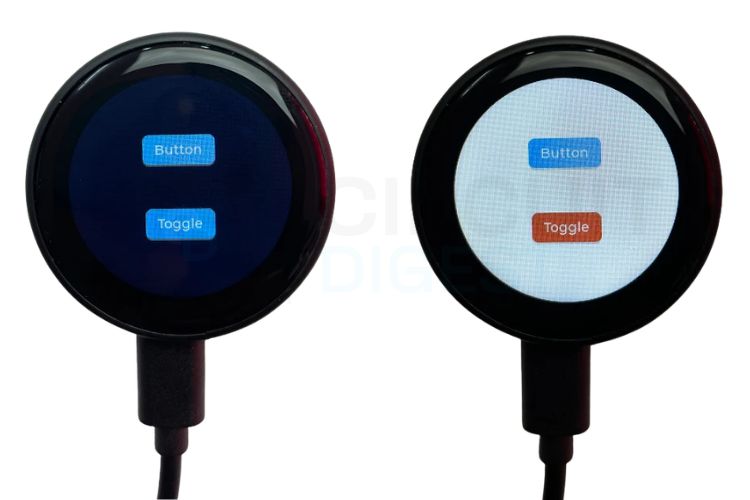 VirtualTorch LVGL project on ESP32 round display showing torch button with circular arc brightness slider before and after activation