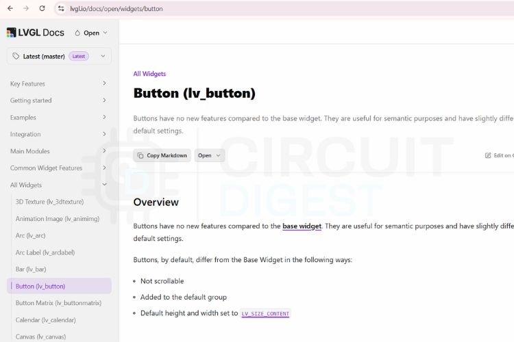LVGL documentation page showing the Button widget section with multiple button style examples for Arduino GUI projects