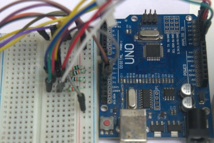 Physical circuit connection for dual axis solar tracking system using Arduino showing breadboard wiring