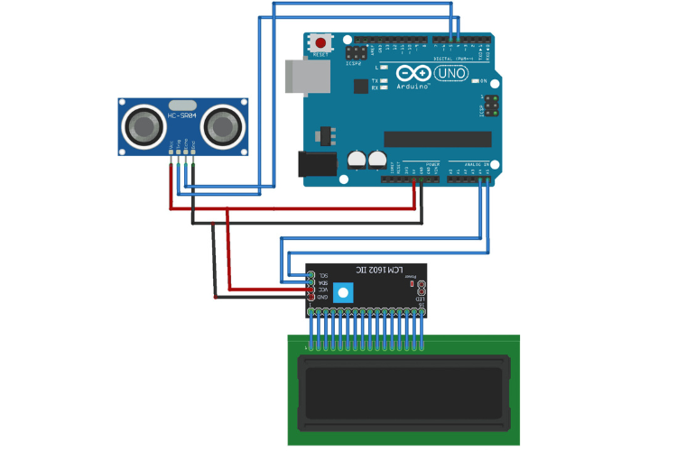 Circuit Diagram for Arduino Interfacing with Ultrasonic Sensor and LCD