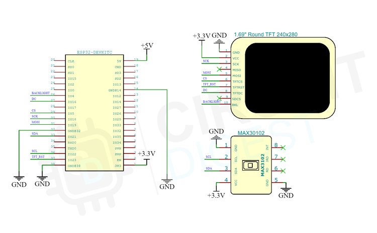 Circuit Diagram to Interface Heart Rate sensor with ESP32