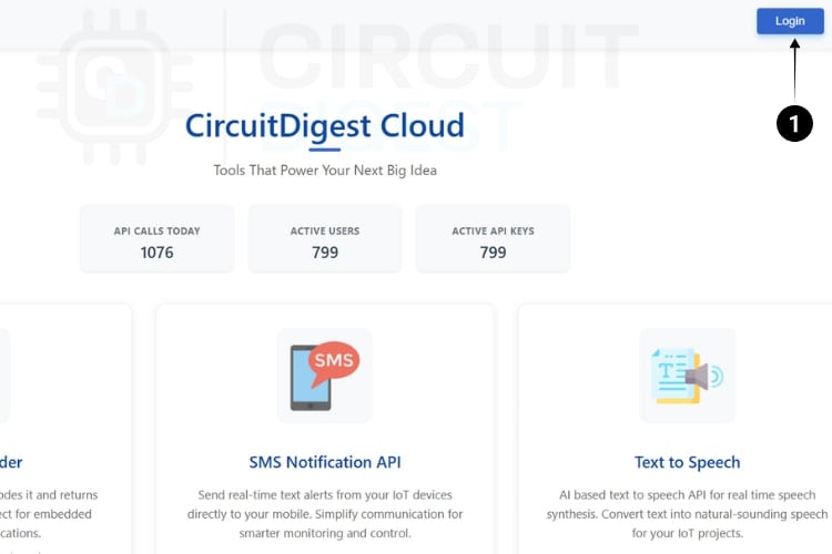 Circuit Digest Cloud homepage showing login button and platform features for GPS tracker API access