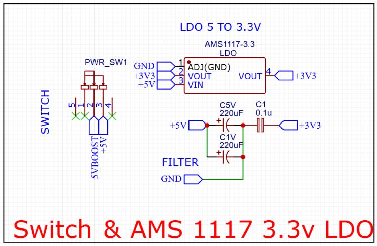 circuit shows a power switch and AMS 1117 3.3 V linear Regulator