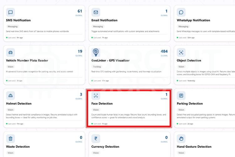 CircuitDigest Cloud homepage showing Face Detection API card and navigation options
