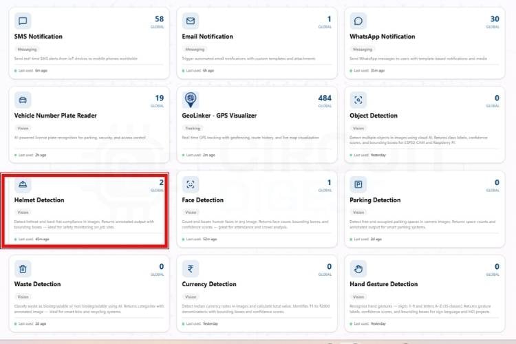 CircuitDigest Cloud home page showing the Helmet Detection API feature card