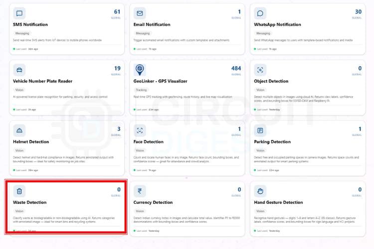 CircuitDigest Cloud homepage showing the waste detection API section