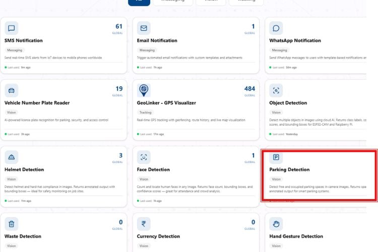CircuitDigest Cloud home page showing the Parking Space Detection feature card