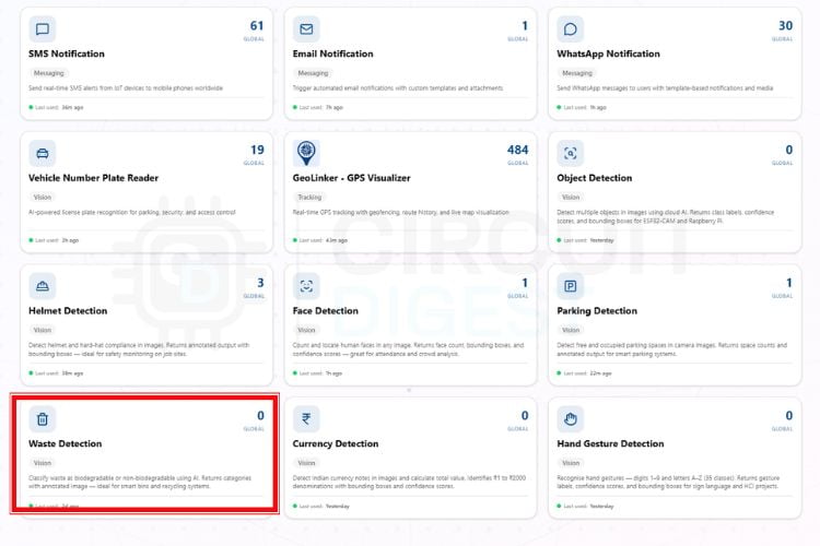 CircuitDigest Cloud home page showing the Waste Detection feature card and API key section CircuitDigest Cloud dashboard: navigate to the Waste Detection section to obtain your API key and adjust the confidence threshold.