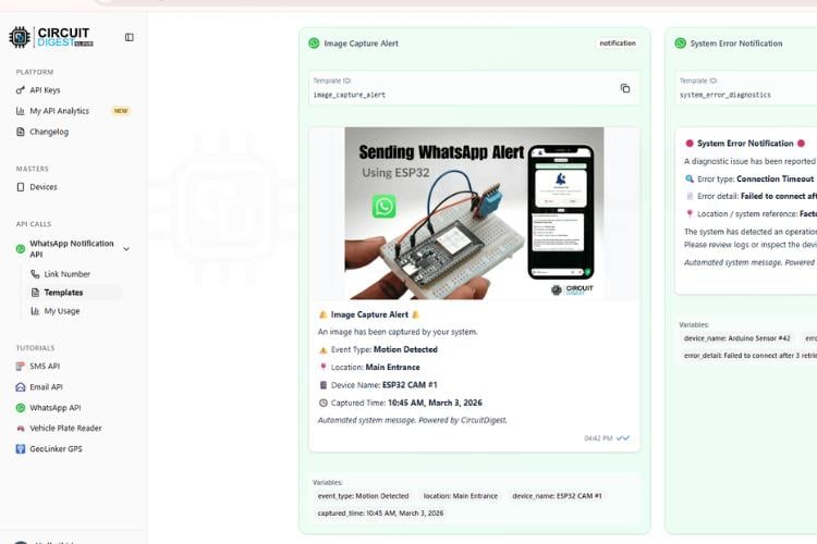 CircuitDigest Cloud template configuration page for the image_capture_alert WhatsApp message template