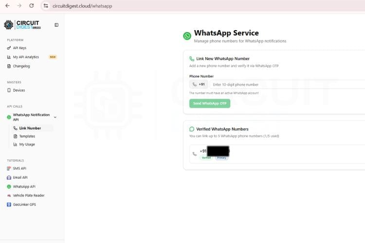 CircuitDigest Cloud WhatsApp registration screen showing API key and phone number configuration