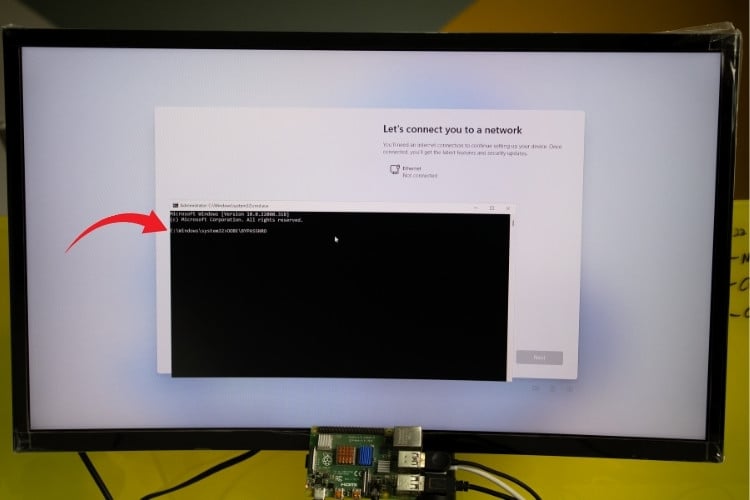 Command Prompt window opened with Shift+F10 during Windows 11 Raspberry Pi setup for bypassing Microsoft account