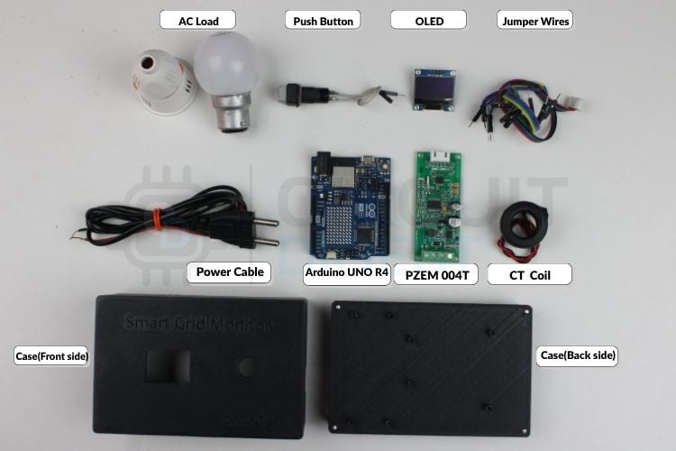 All components for the IoT-based smart grid system: Arduino UNO R4 WiFi, PZEM-004T energy meter, CT clamp, OLED display, and push button
