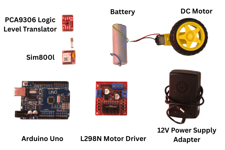 All components required for DC motor speed control using GSM Arduino project — Arduino Uno, SIM800L GSM module, L298N motor driver, logic level shifter, DC motor, breadboard, and jumper wires